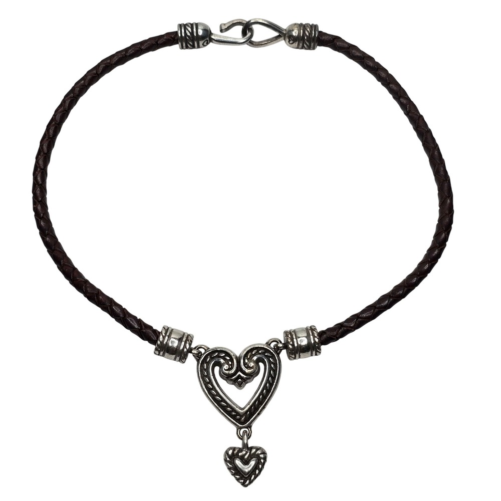 Brighton Braided Brown Leather Heart Pendant Necklace Silver Tone 16" Jewelry